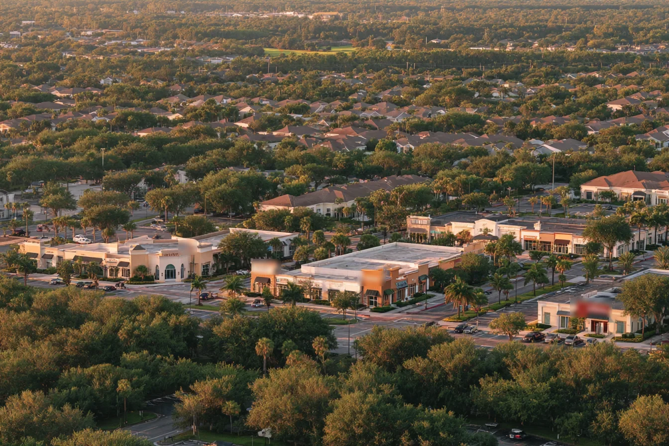 Aerial view of a Florida suburb at golden hour with several small commercial plazas spread among neighborhoods