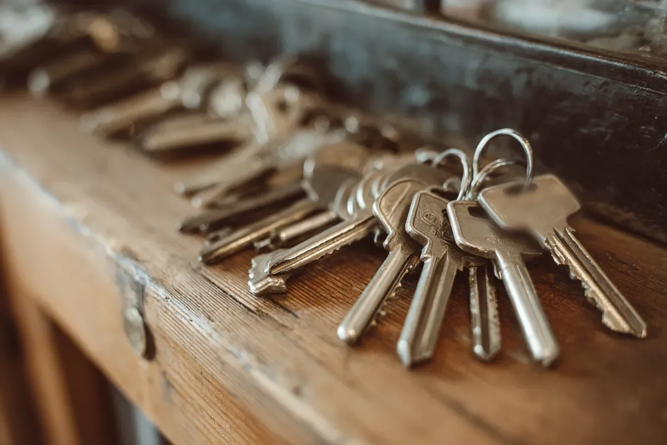 A large ring of shop keys on a wooden counter in soft light