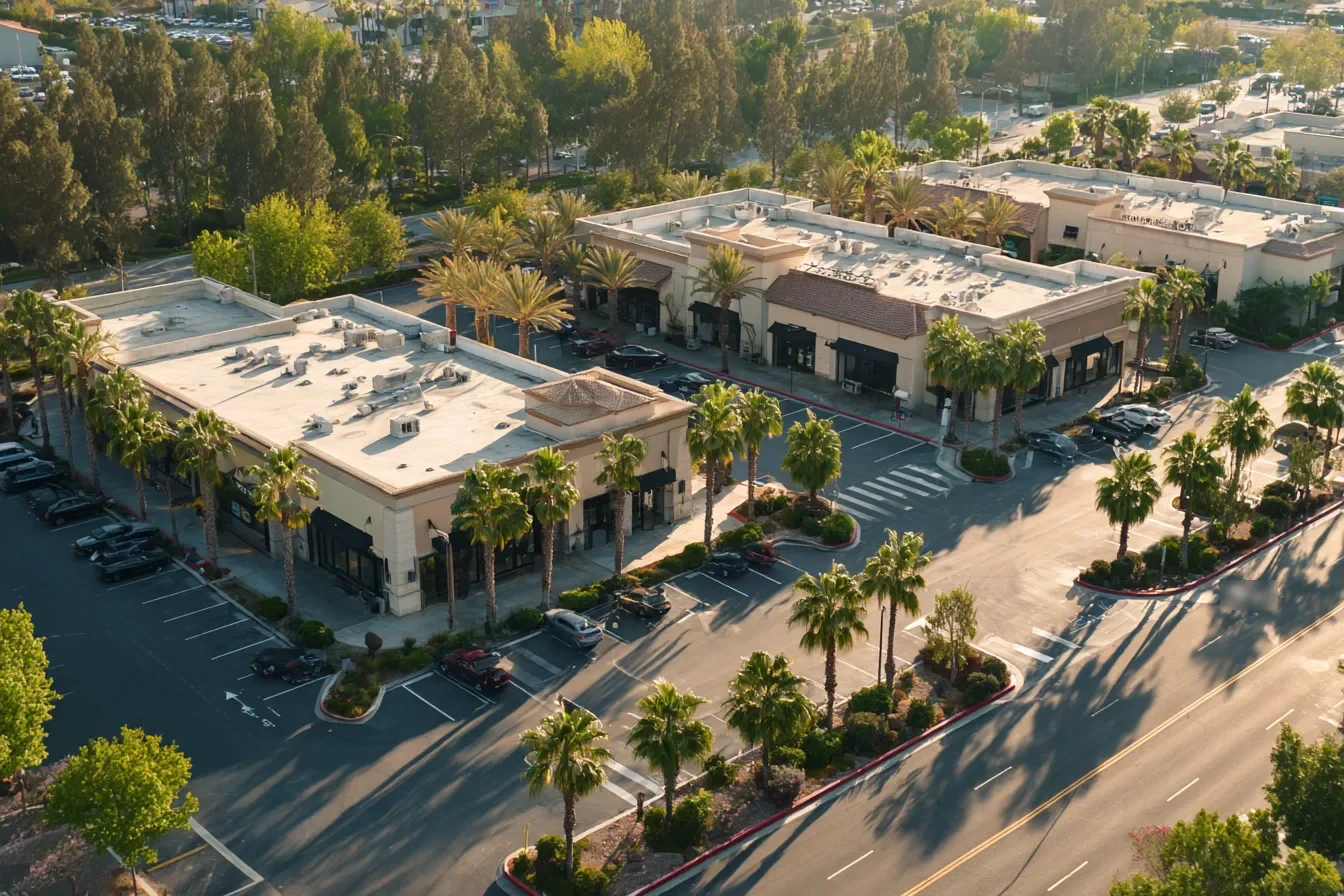 Aerial view of two suburban shopping plazas a short drive apart, palms and parking lots between them