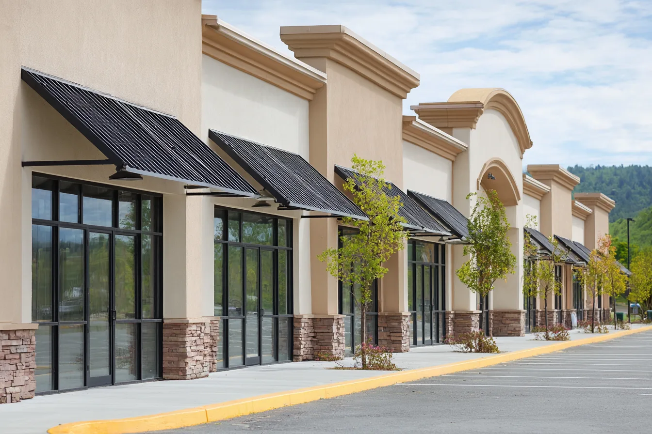 A row of matching small storefronts along a sunny suburban strip, their awnings blank