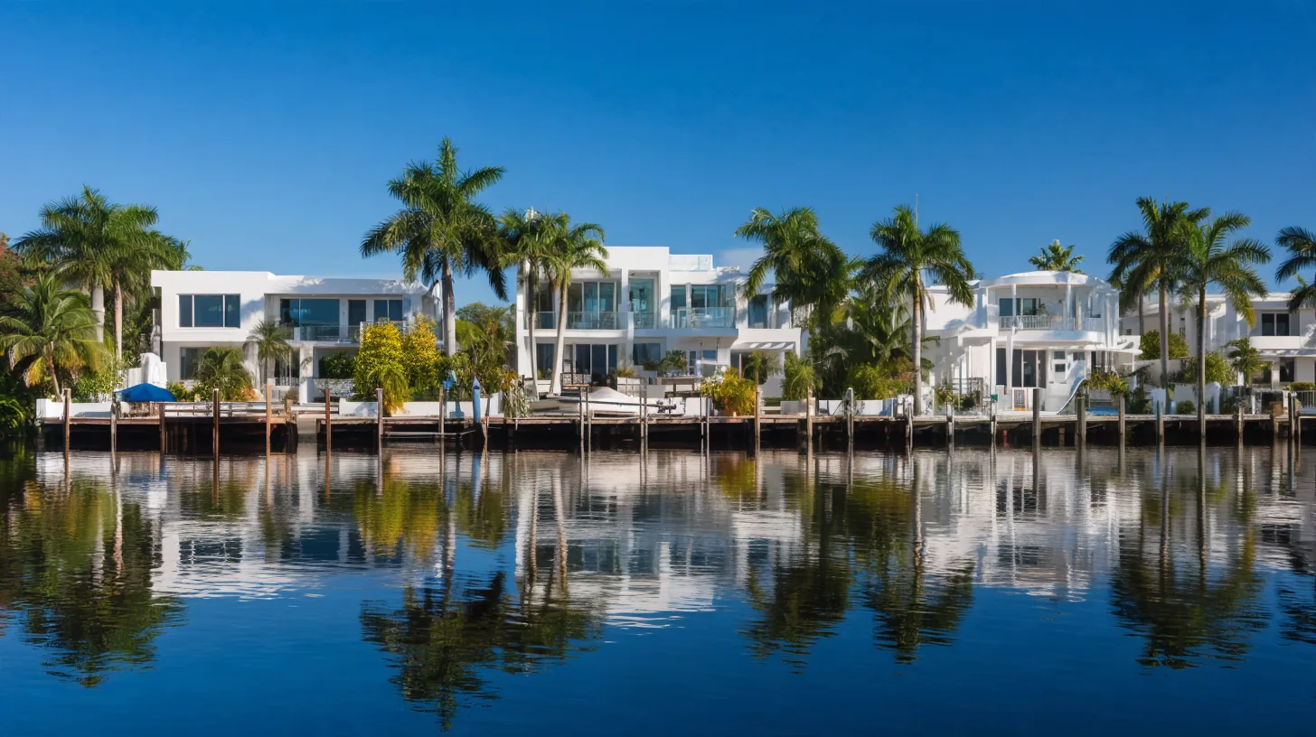 A calm residential canal in South Florida with three white modern waterfront homes, palms and empty docks along the seawall