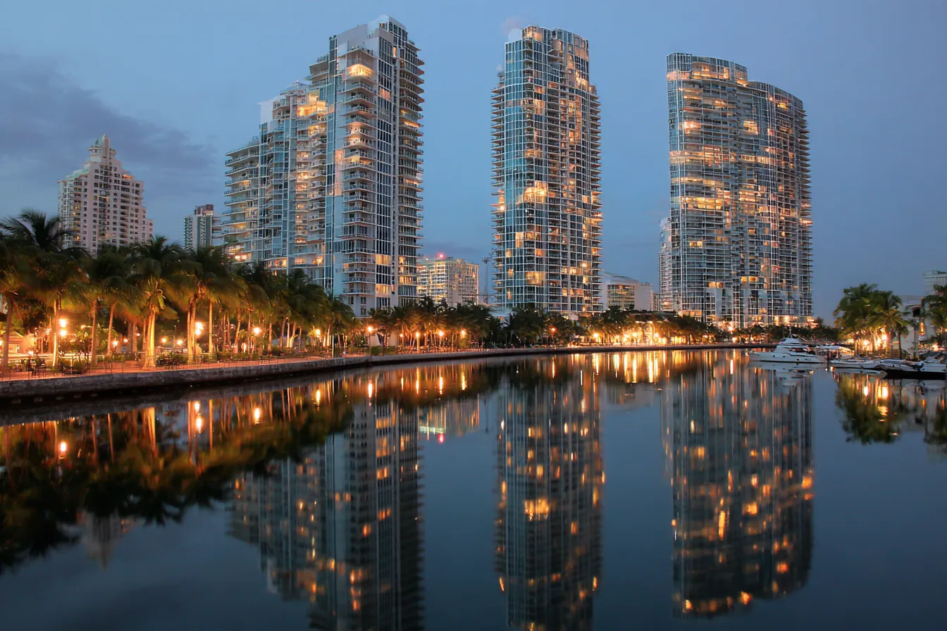 Modern glass condo towers along a calm waterway at dusk, their reflections in the water