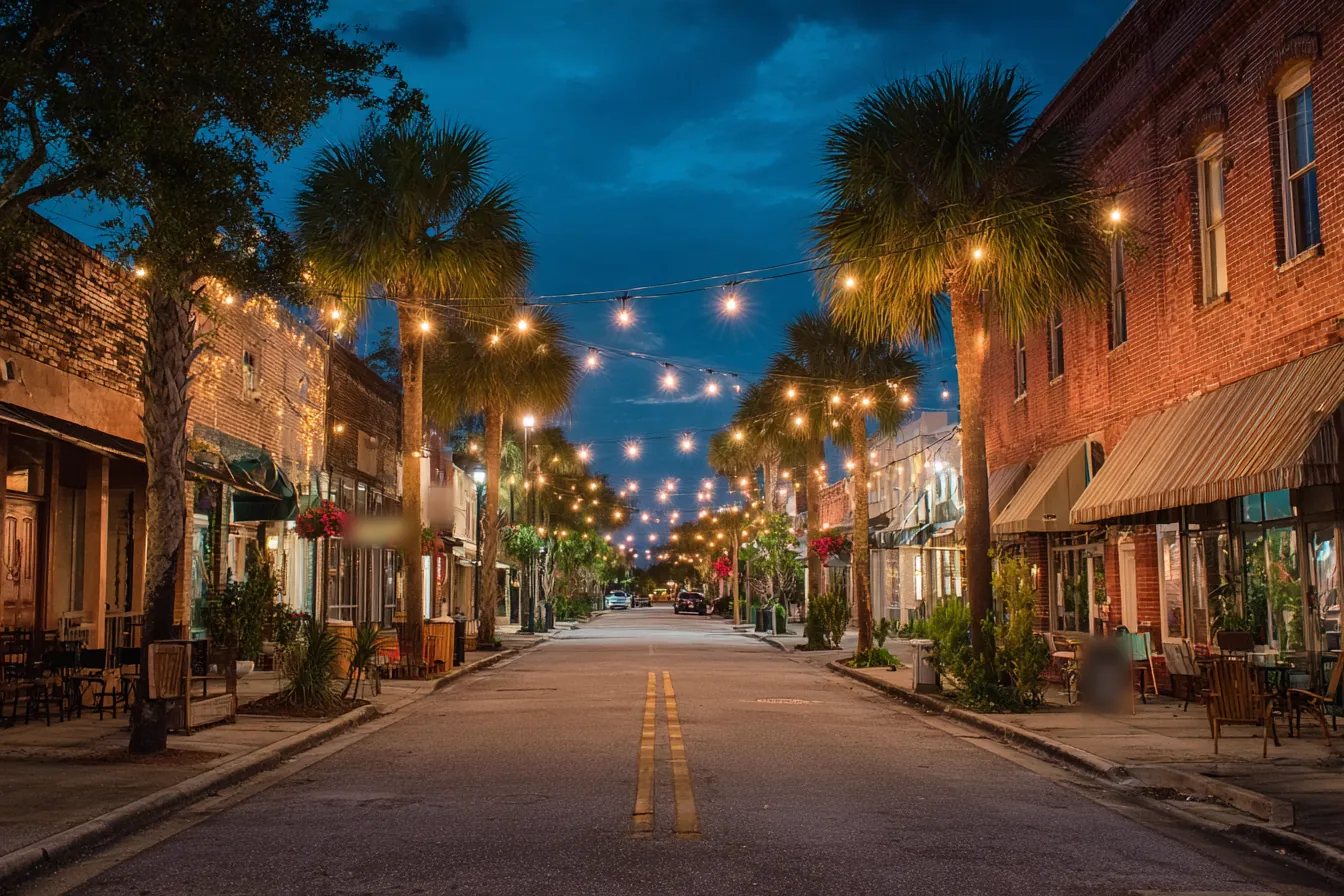 A quiet downtown street of two-story brick storefronts with palms and string lights, no signs