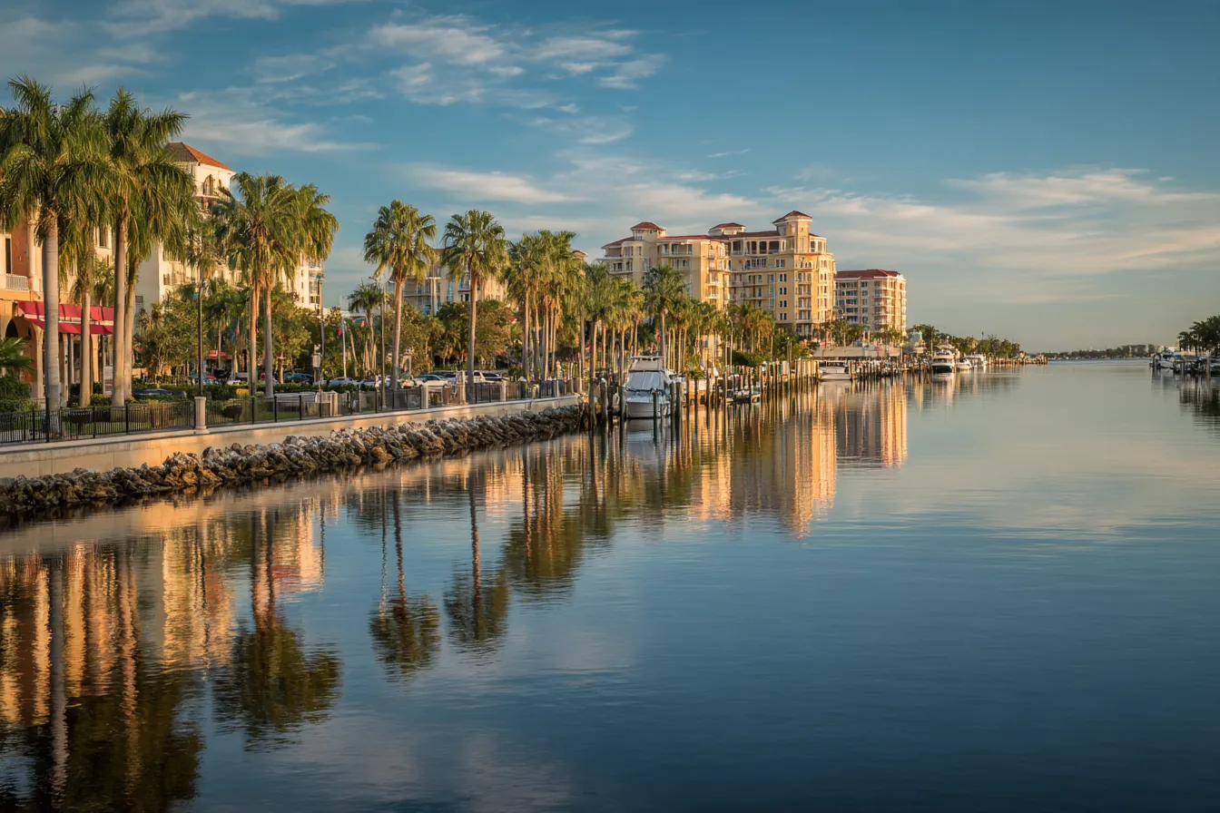 Golden-hour view across a wide calm river to a low-rise Southwest Florida downtown lined with royal palms
