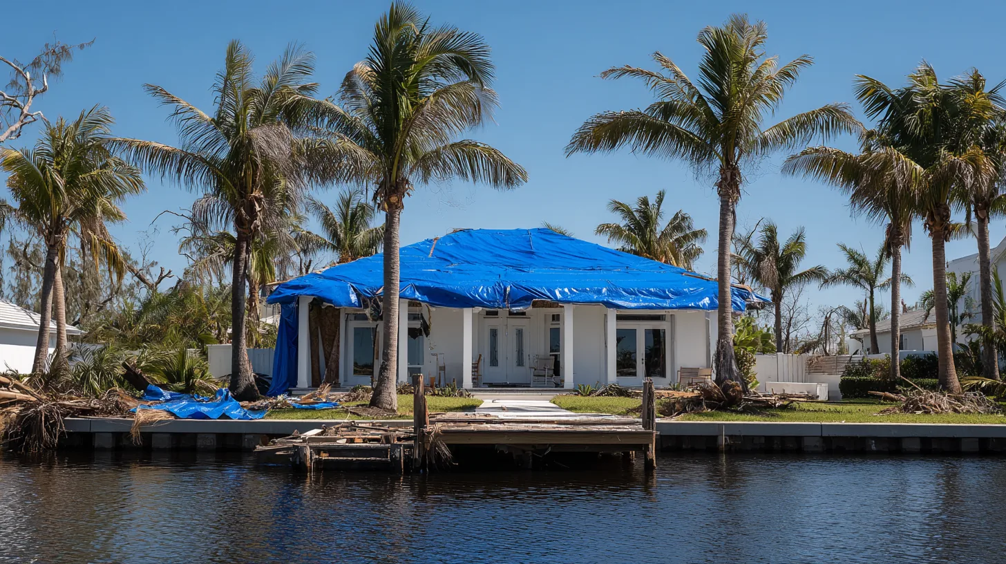 A canal-front Southwest Florida home after a hurricane, a blue tarp over the damaged roof, a broken dock and debris on the lawn