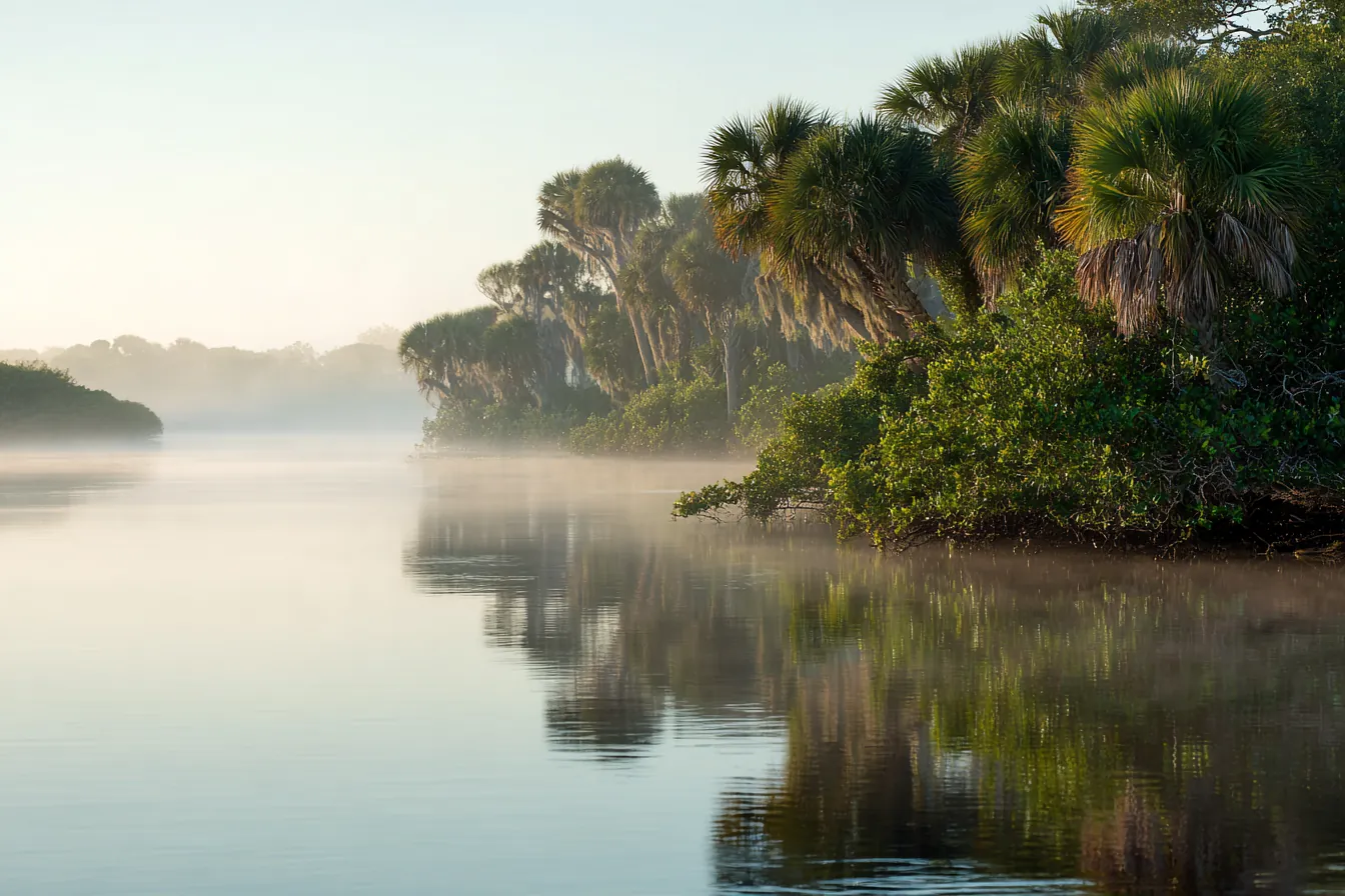 A wide calm river at sunrise with mangroves and palms along the bank