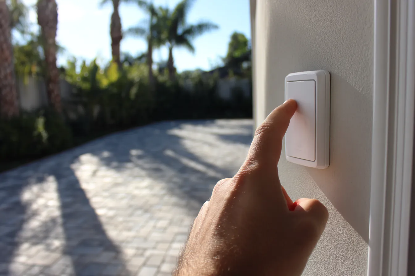 A hand pressing a wall-mounted garage door button, the open door looking out onto a sunlit paver driveway