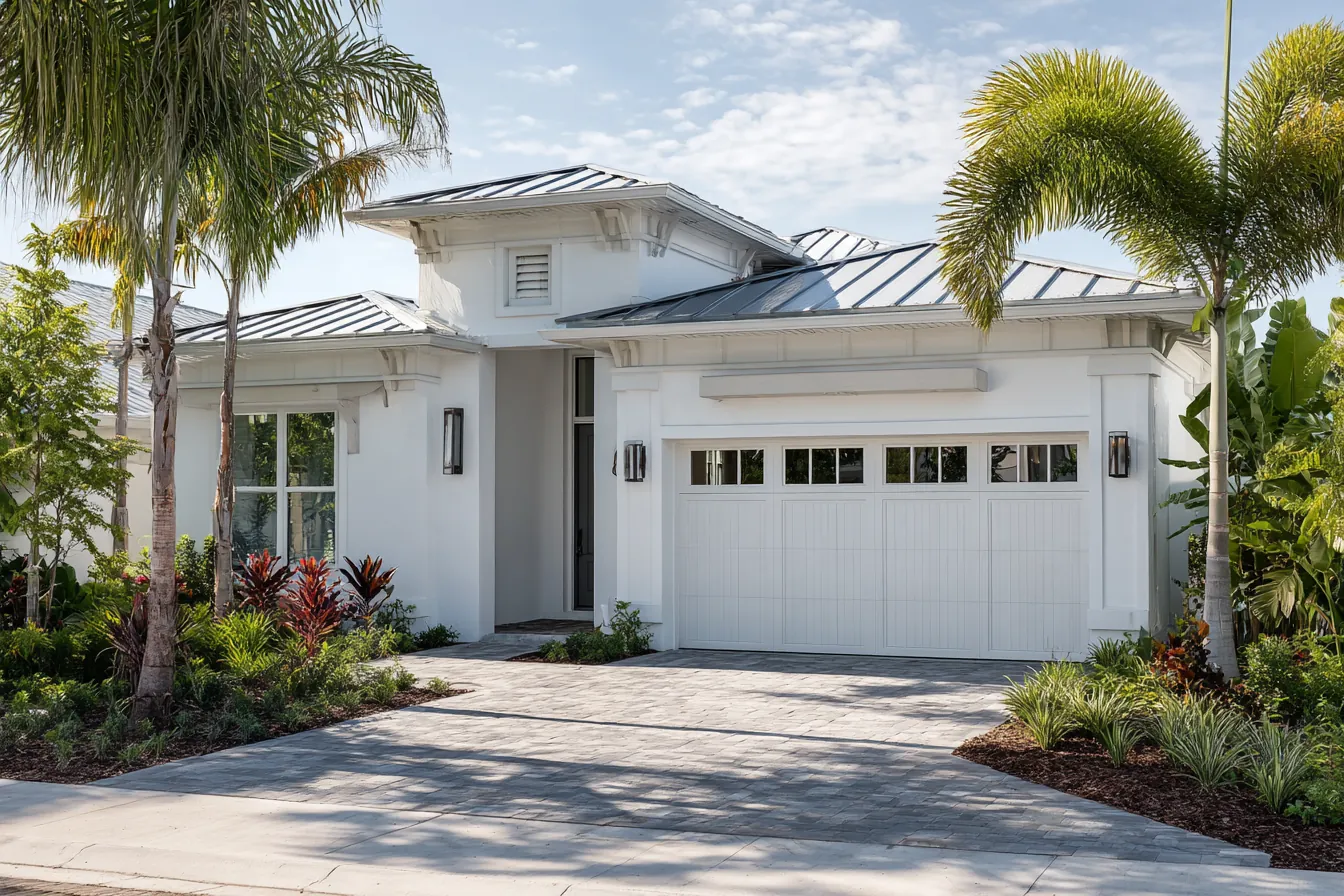 Carriage-style garage door on a white Florida home with a metal roof and palms