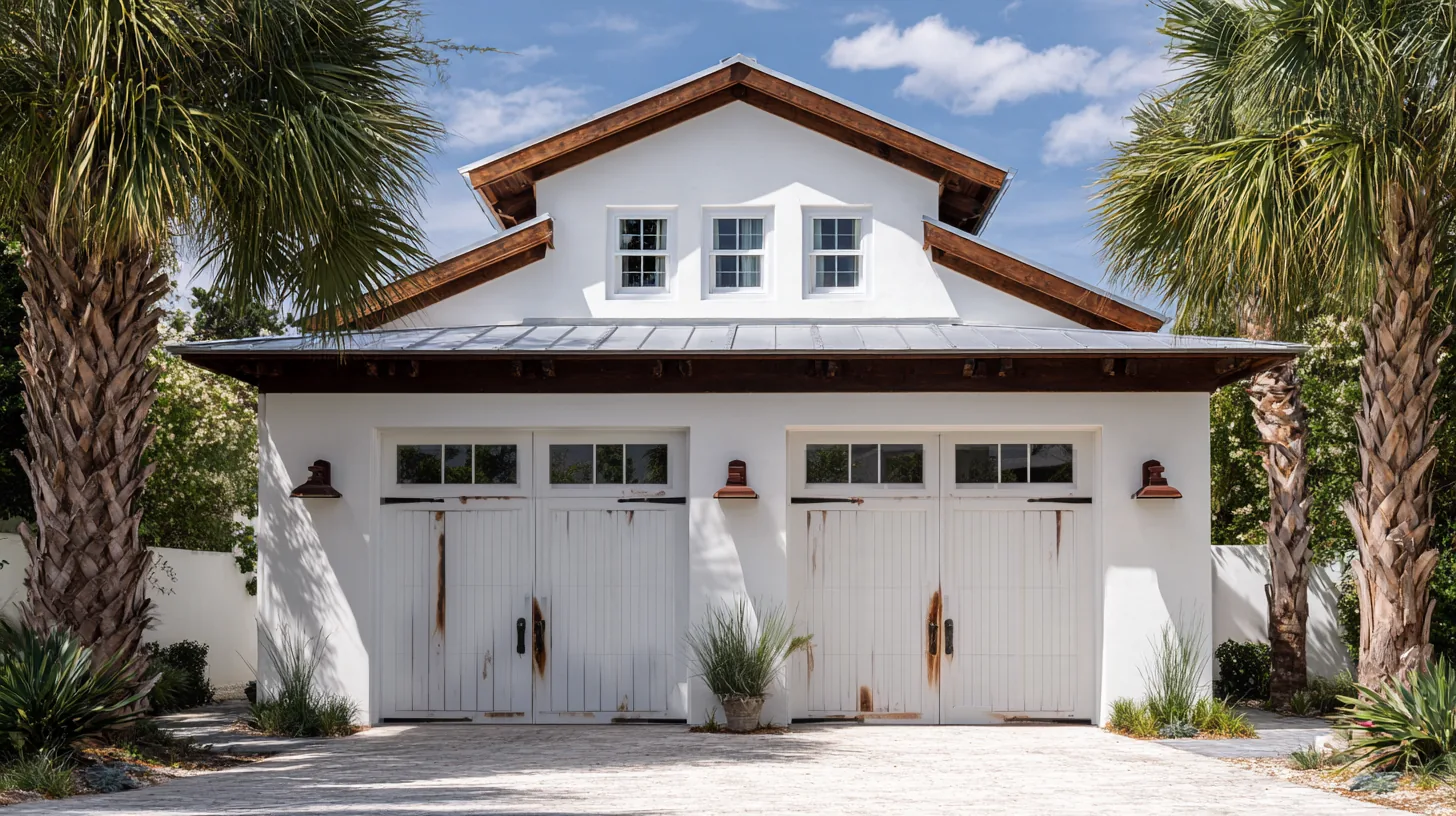 Front of a white stucco Southwest Florida garage with two old garage doors side by side, the paint worn and streaked with rust