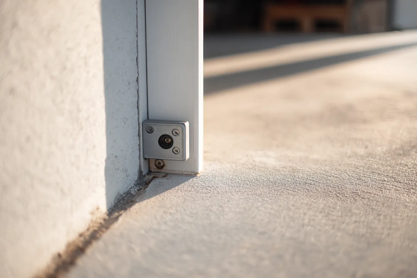 Garage door safety sensor mounted low on the door track, a few inches above a clean concrete floor