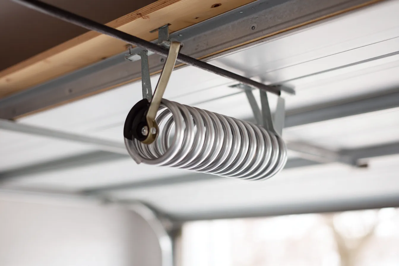 Close view of a torsion spring and cable drum mounted on the header above a white garage door