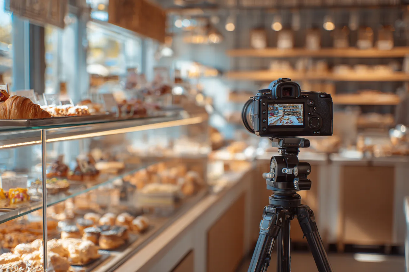 A camera on a tripod in a bright bakery with full display cases