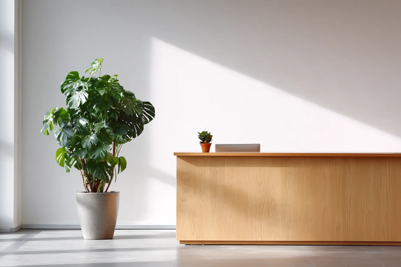 An empty reception desk in a small, staffed office with a plant and a window