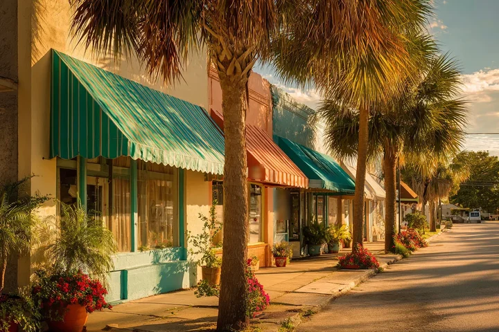 A street of small Florida shops at golden hour, blank awnings and palms along the sidewalk