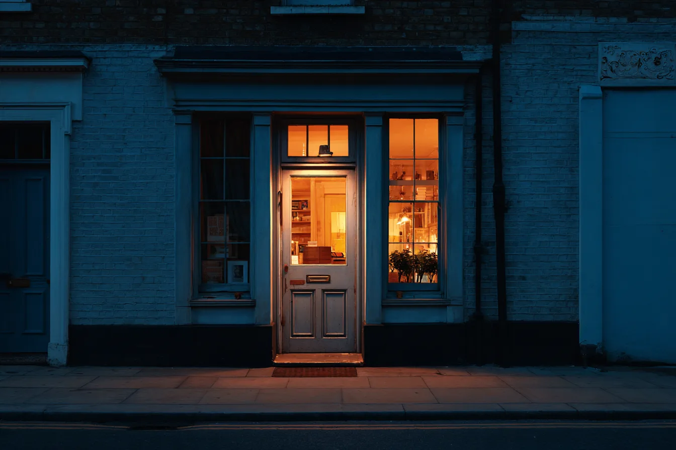 A small shop entrance at dusk with its door open and warm light inside