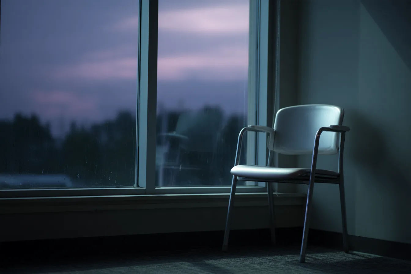 A single waiting room chair by a window at dusk