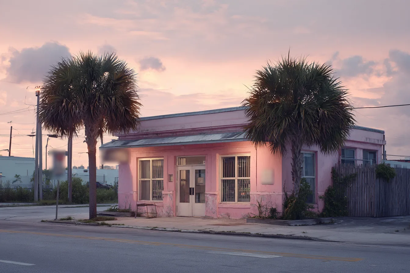 A small Florida storefront at dawn with its lights off, palms and an empty sidewalk
