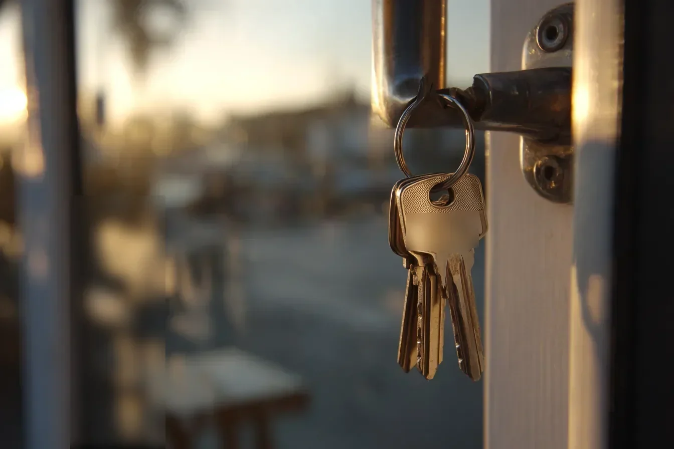 Keys turning in the lock of a glass shop door in early morning light