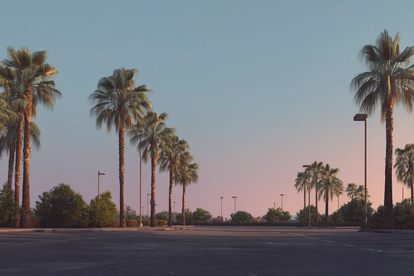 An empty strip-center parking lot at dawn under palms