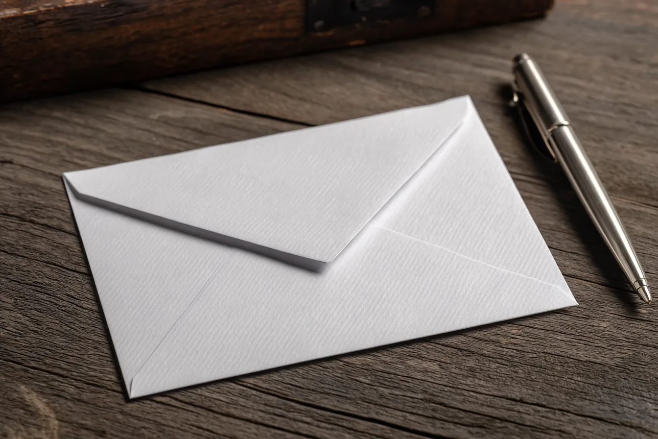 A plain, unaddressed envelope on a wooden desk beside a pen