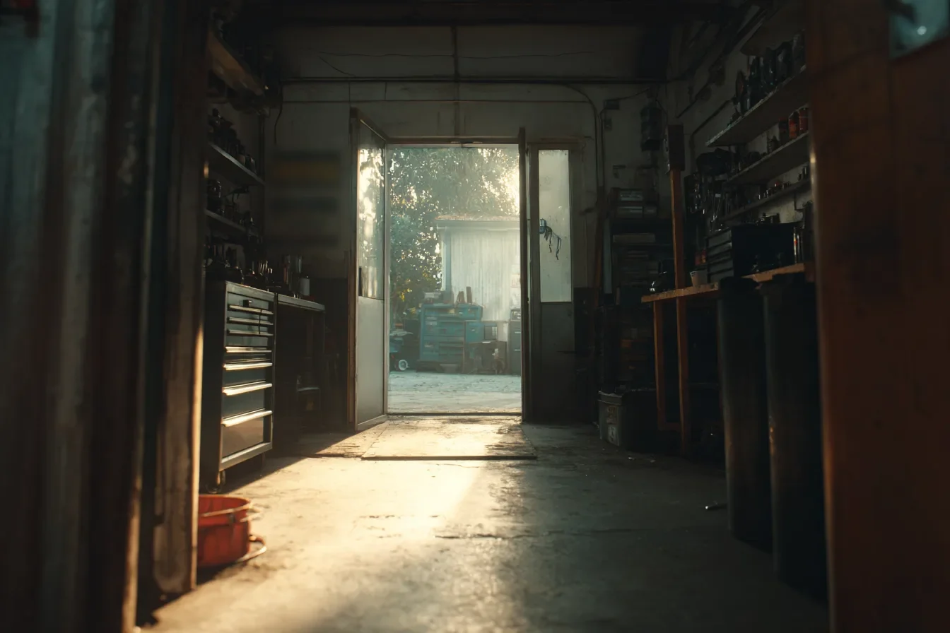 A small workshop doorway open in the morning, racked tools inside and palms outside