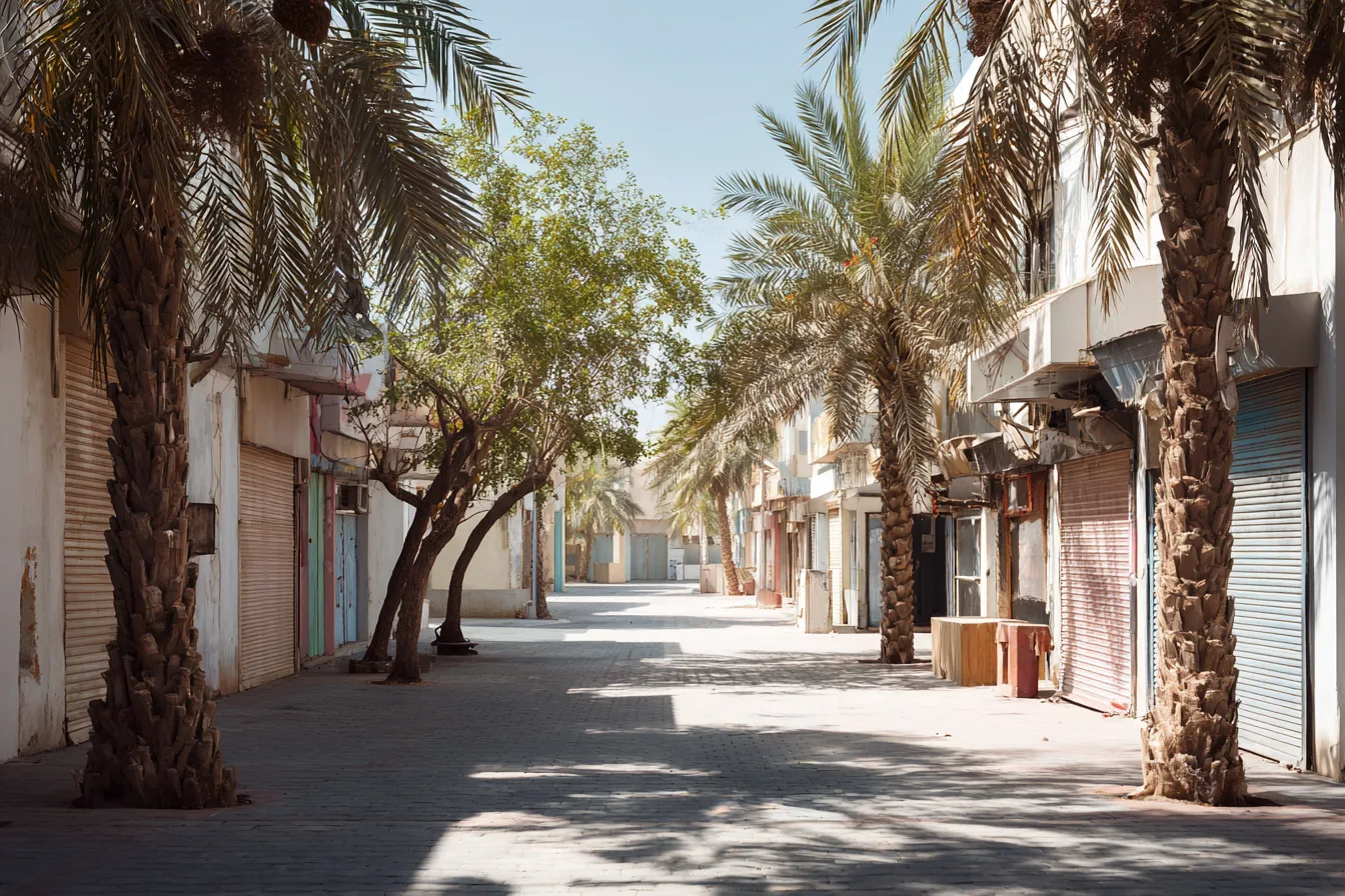 A quiet commercial street of small shops under palms, their signboards blank