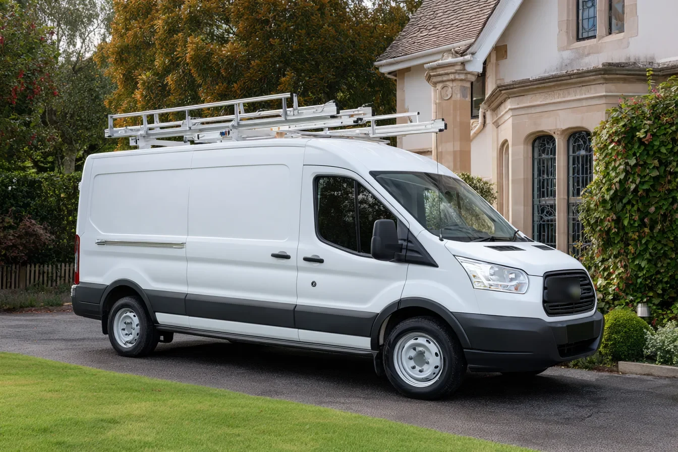An unmarked white work van with ladders on the roof rack, parked in a home driveway
