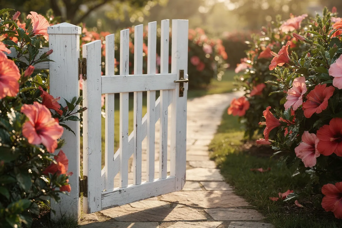 A white garden gate standing ajar onto a sunlit path between hibiscus hedges
