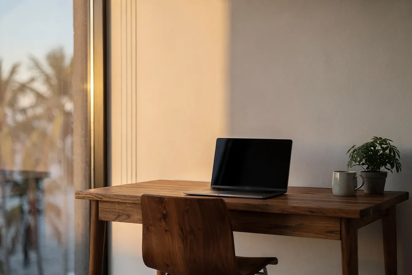 A quiet home office corner at dawn, a laptop with a dark screen on a wooden desk beside a window onto palms