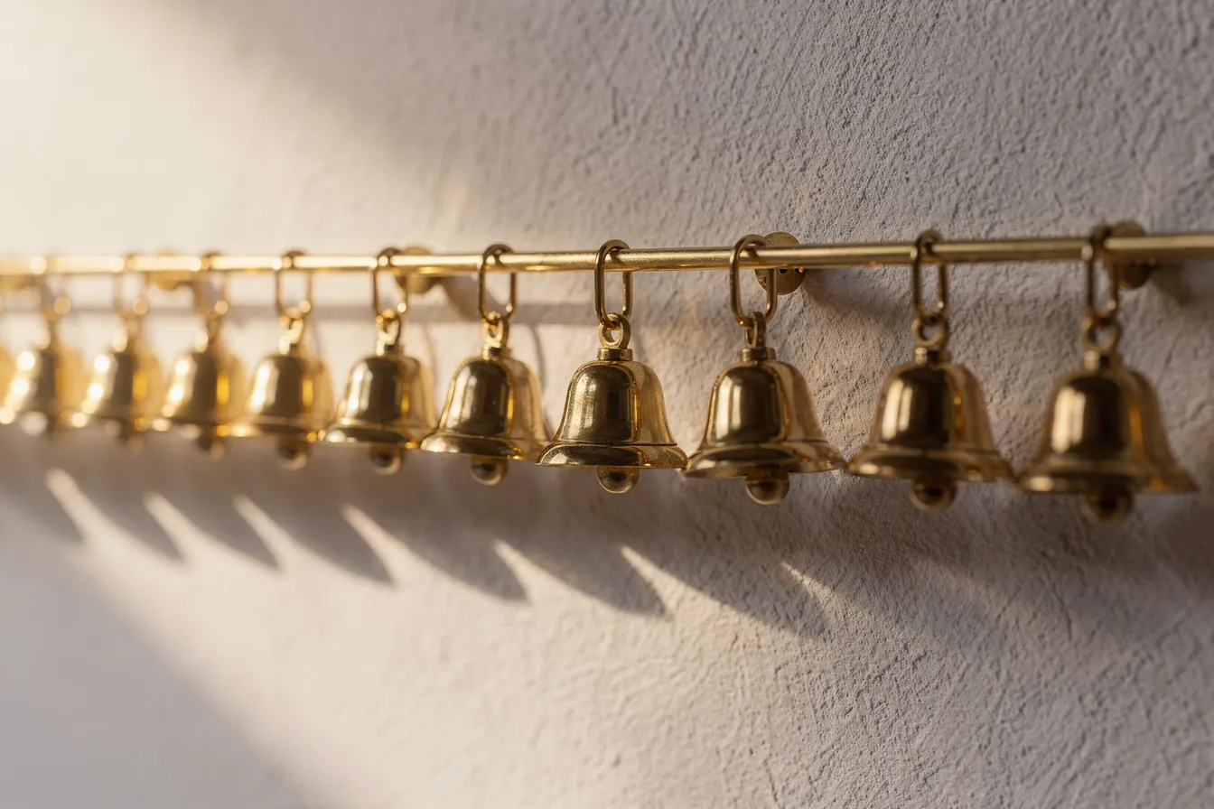 A row of matching brass bells hanging in a line against a pale wall, evenly spaced