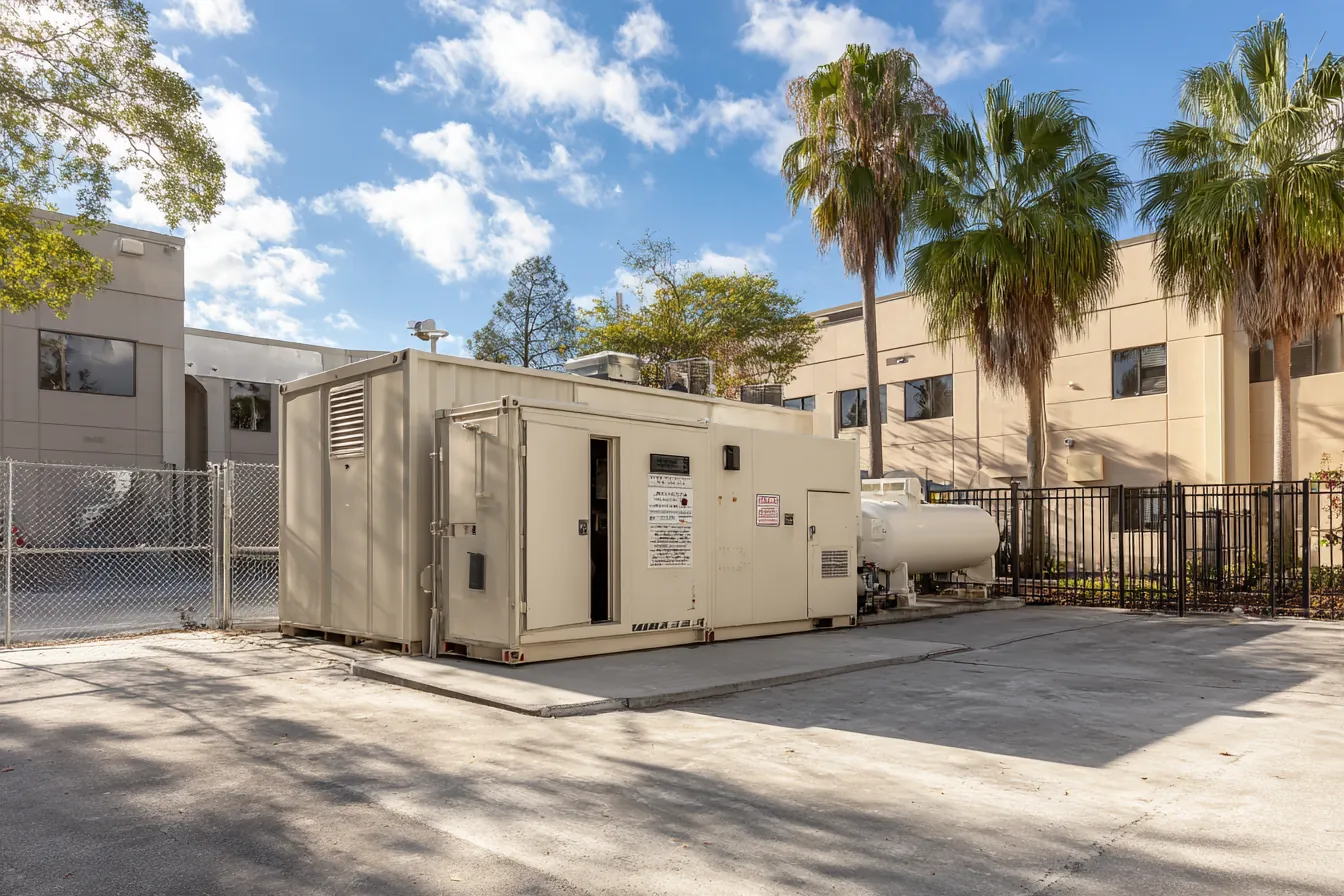 Large enclosed commercial generator and fuel tank on a concrete pad behind a single-story healthcare building, palms at the edge of the lot