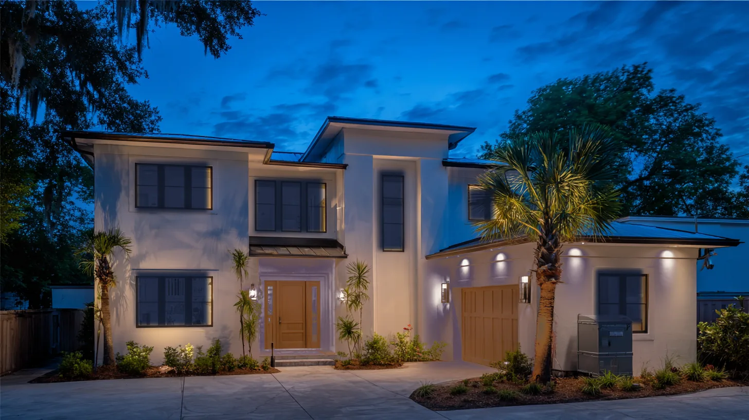 Straight-on front of a two-story white stucco Southwest Florida home at dusk with every window dark, a standby generator beside the garage