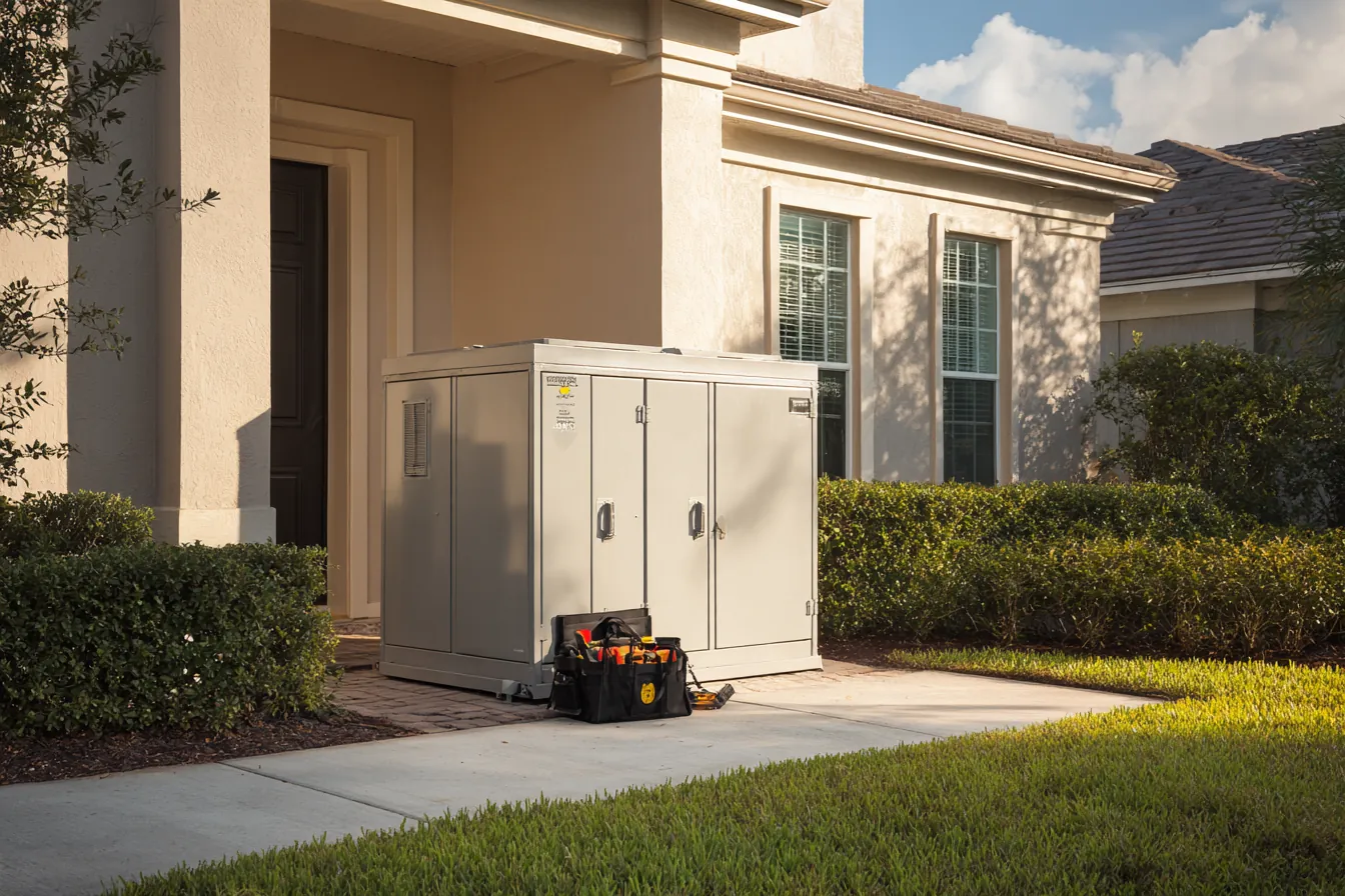 Standby generator on a concrete pad beside a stucco Florida home, with a technician tool bag