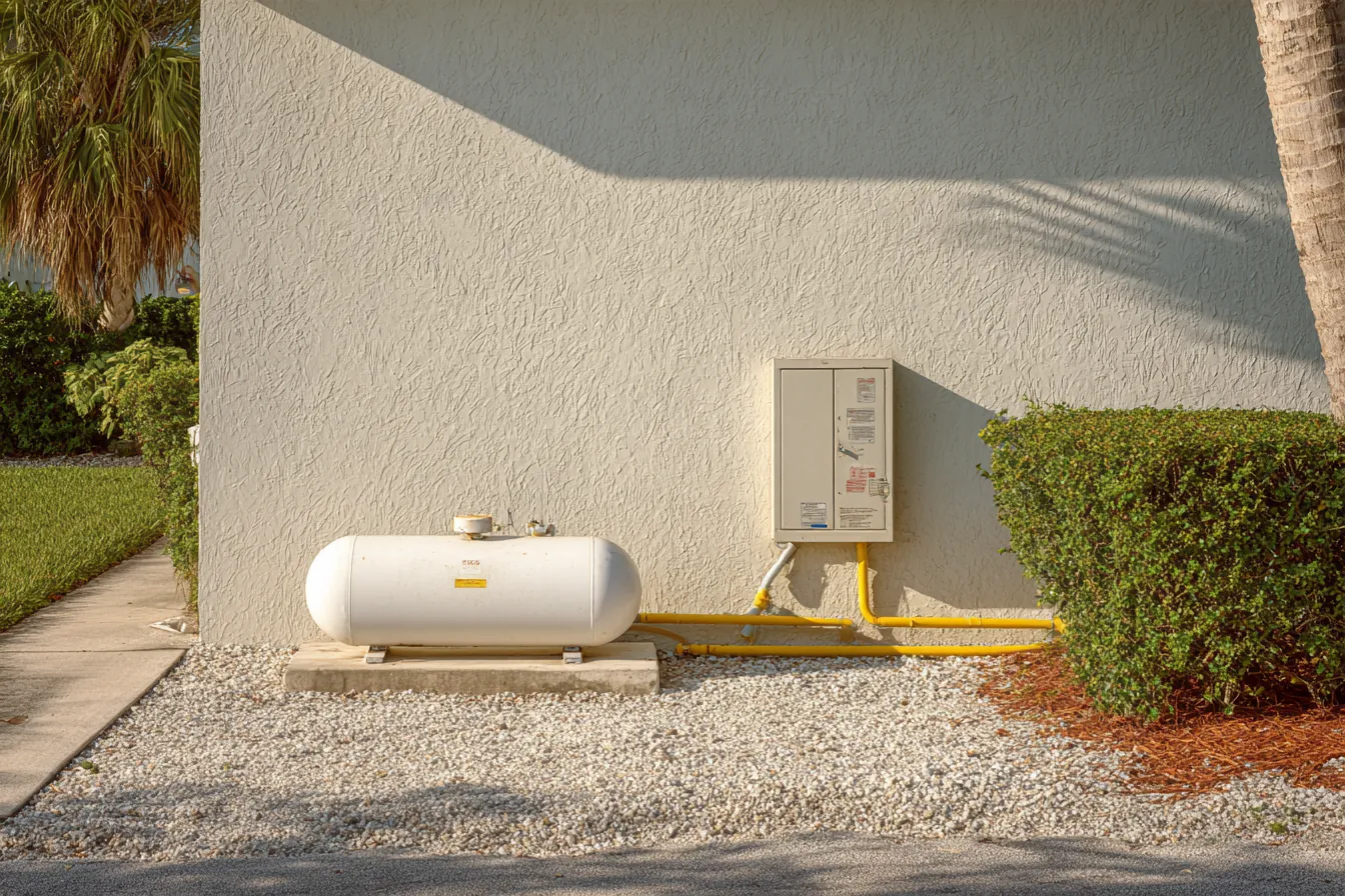 White above-ground propane tank on a gravel bed beside a light stucco home, a yellow gas line running along the wall
