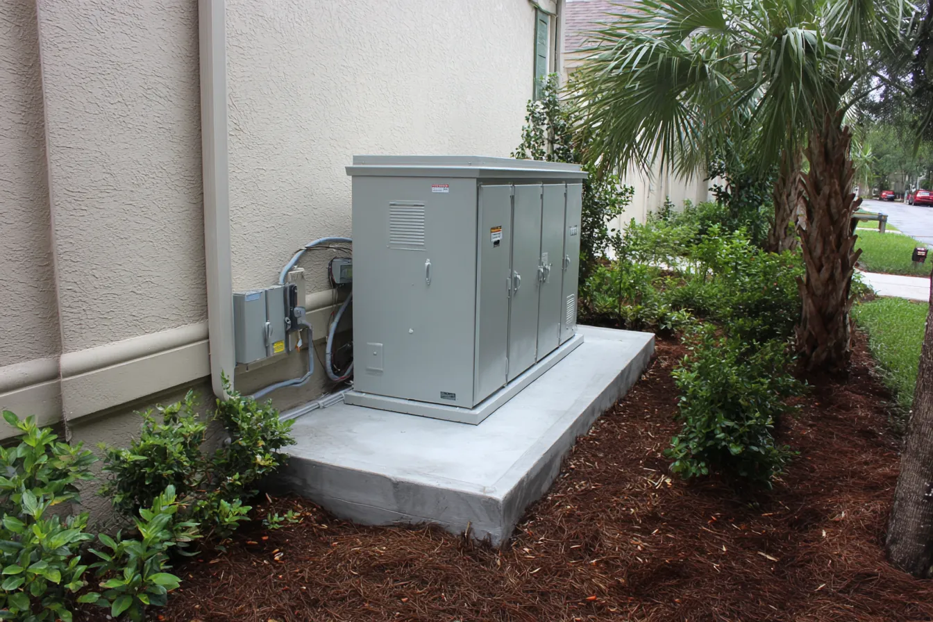 Standby generator raised on a concrete platform beside a light stucco Florida home, a gas line and conduit running along the wall