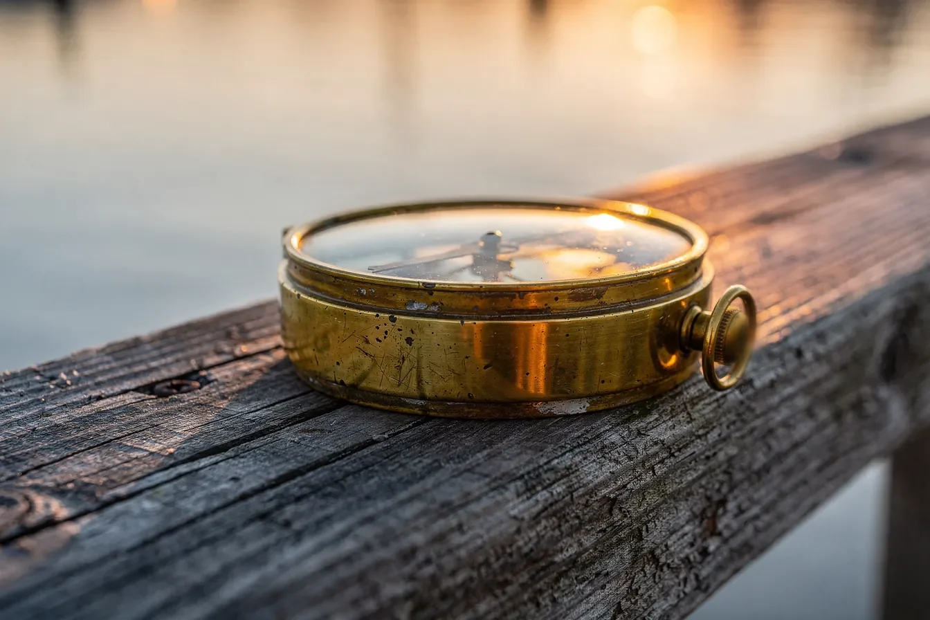 A brass compass resting on a weathered wooden dock rail at sunrise