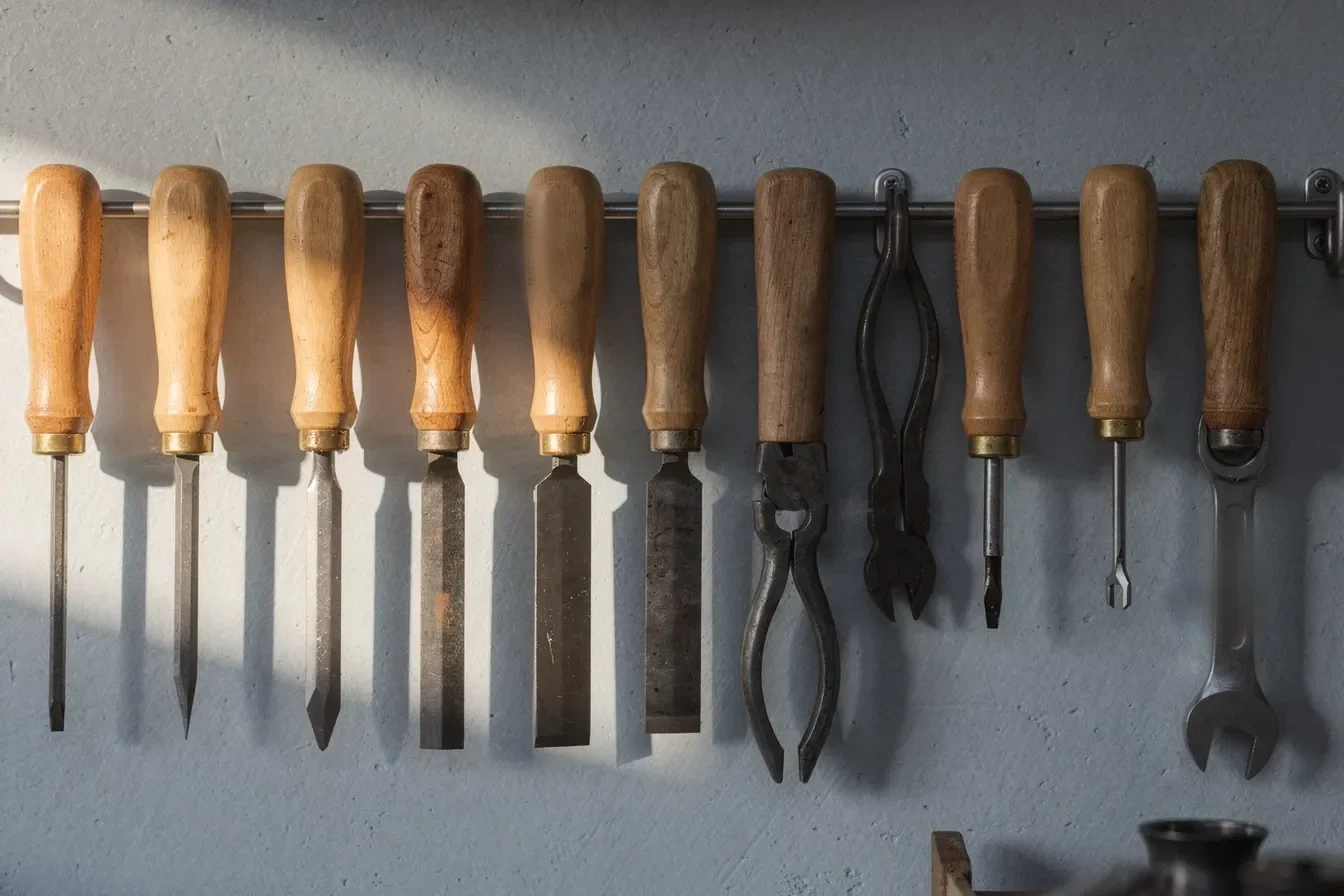 A tidy row of hand tools hung on a pale workshop wall in soft morning light
