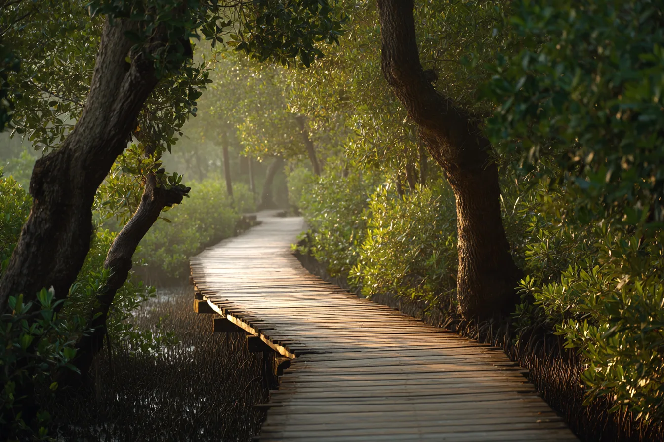 A wooden boardwalk path through mangroves in early morning light