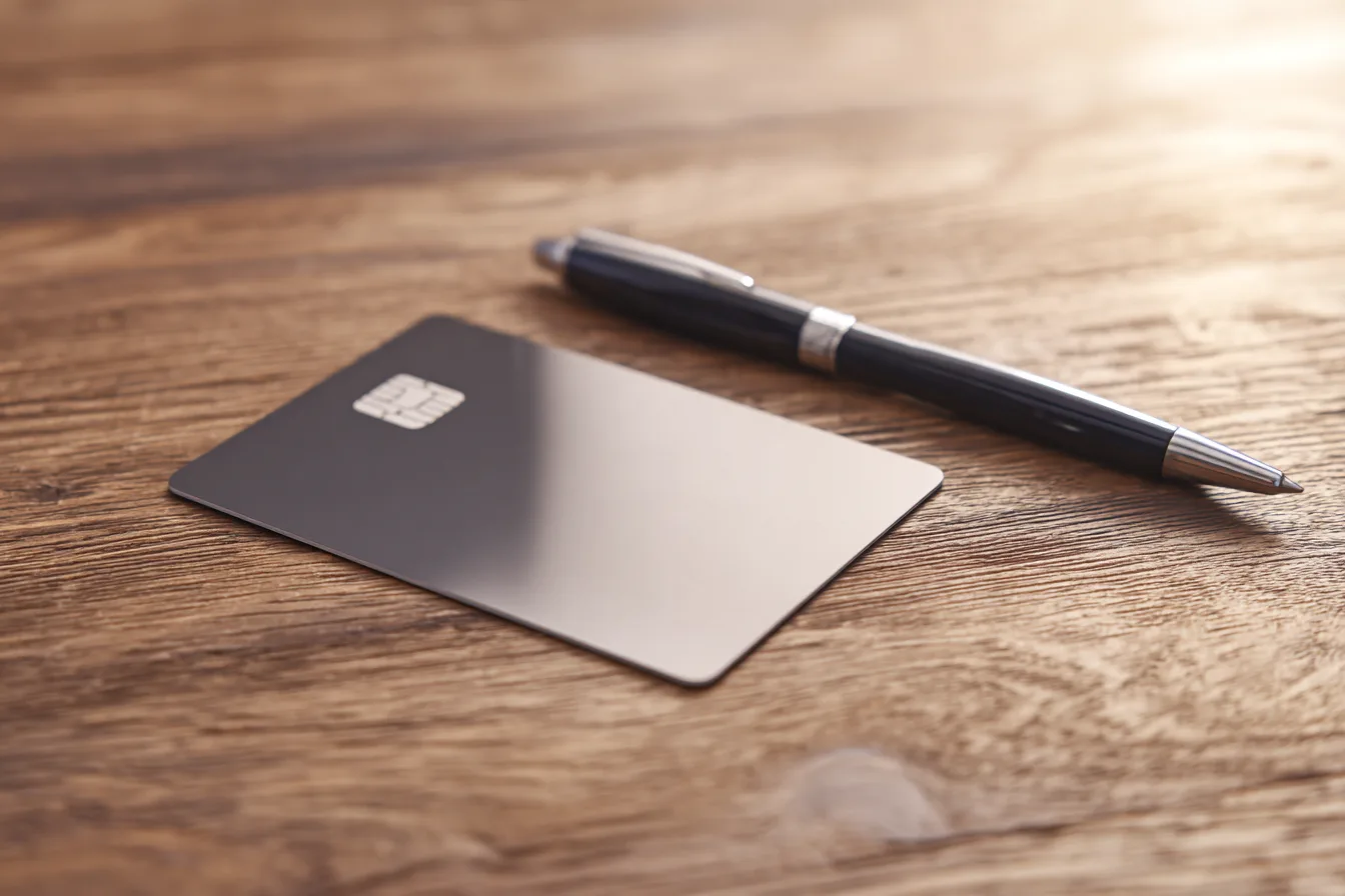 A payment card lying face down on a wooden desk beside a pen