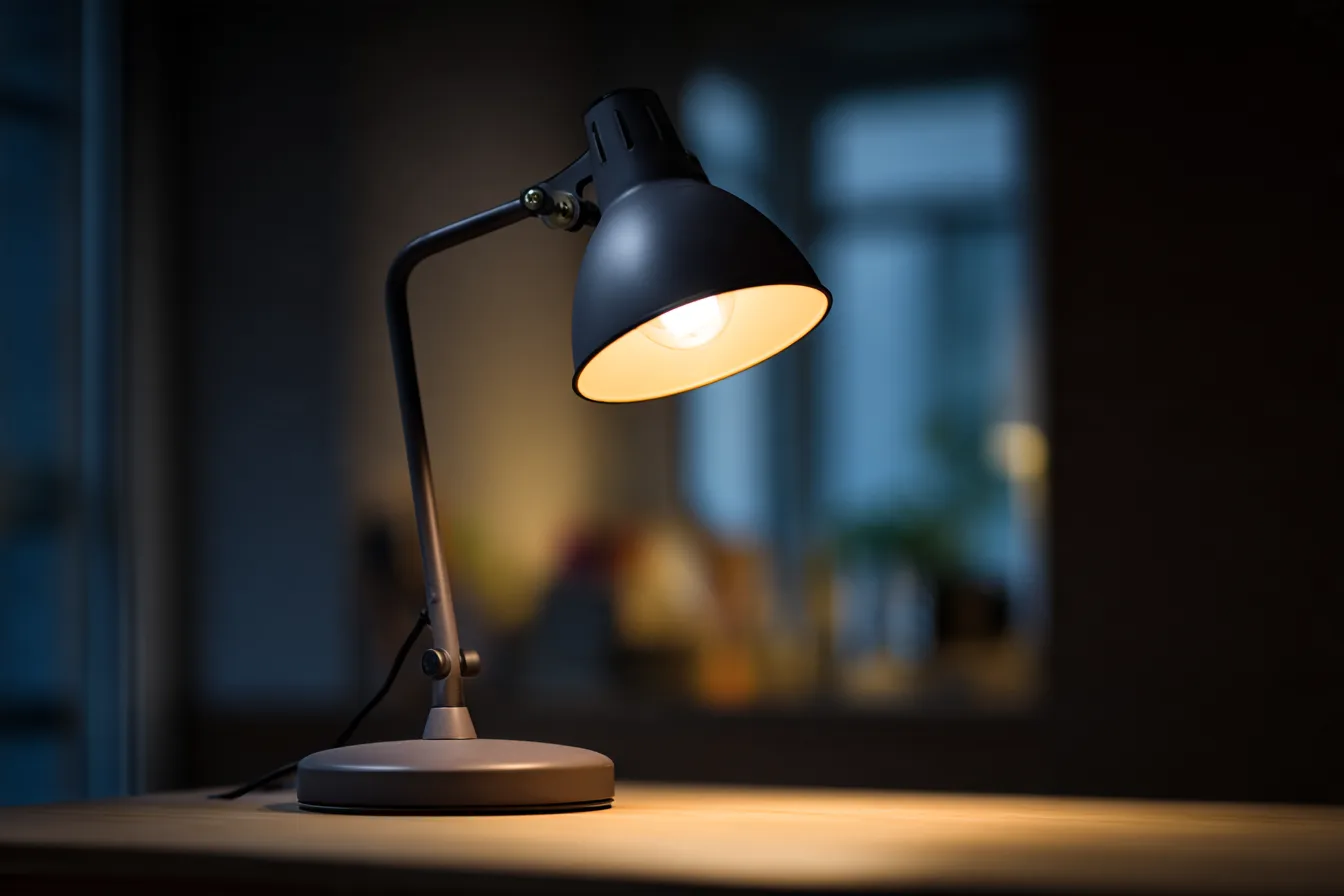 A desk lamp glowing over an empty desk late at night