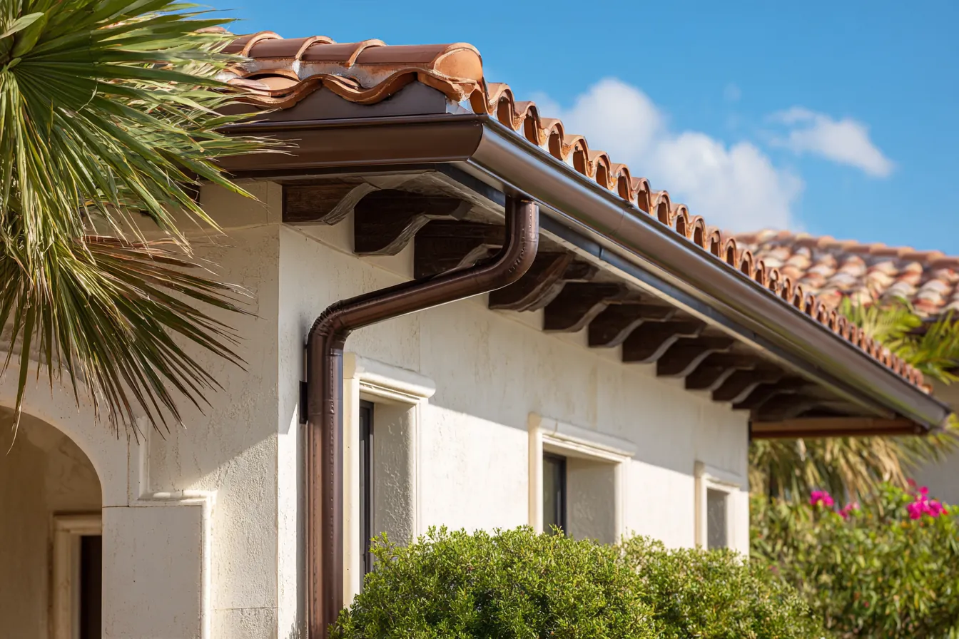 Bronze seamless gutter along the eave of a barrel tile roof home in a landscaped community, palms and a trimmed hedge below