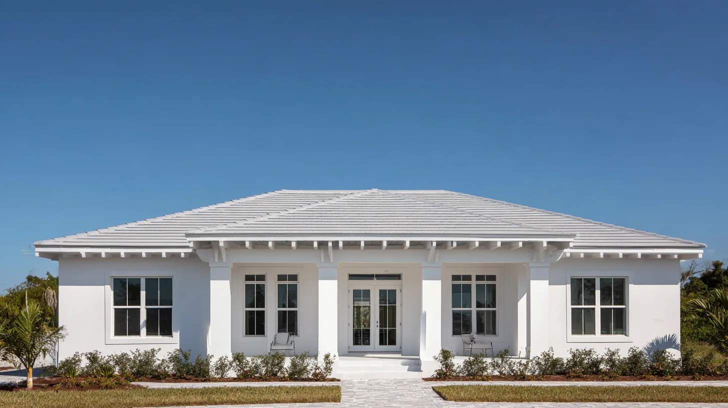 Front of a single-story white stucco Southwest Florida home with a low hip roof, the rafter tails exposed along the eaves and no gutters or downspouts