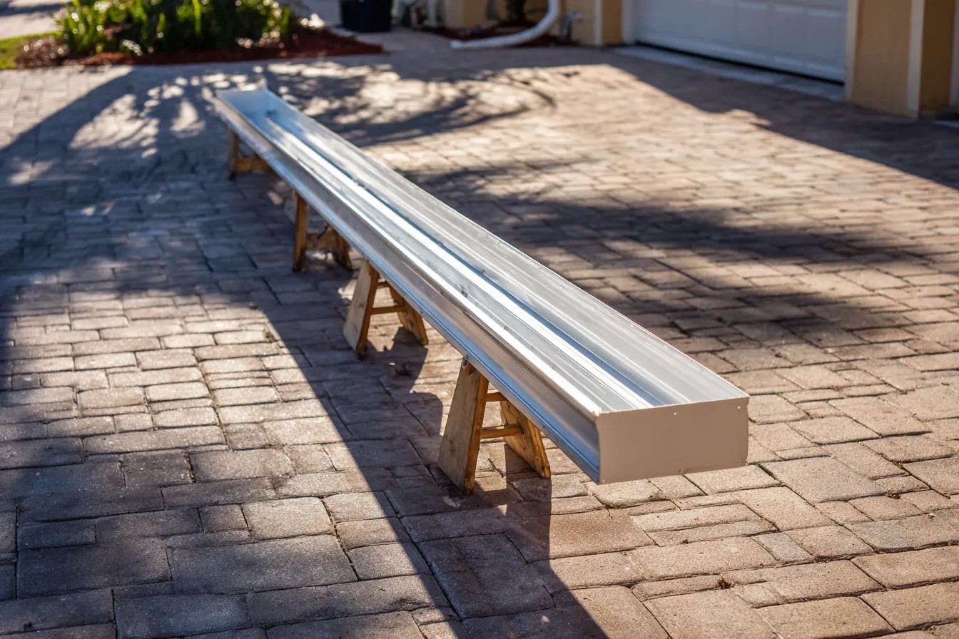 A long length of new white seamless gutter resting on padded sawhorses in a paver driveway beside a stucco home