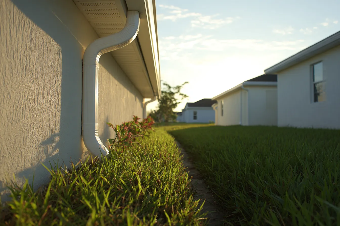 Narrow grass side yard between two white stucco homes, a white downspout running down the near wall