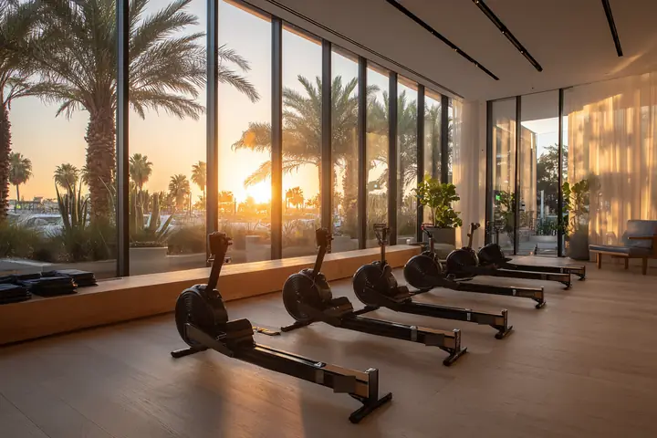 A bright boutique fitness studio at sunrise, rows of rowing machines facing tall windows onto palms