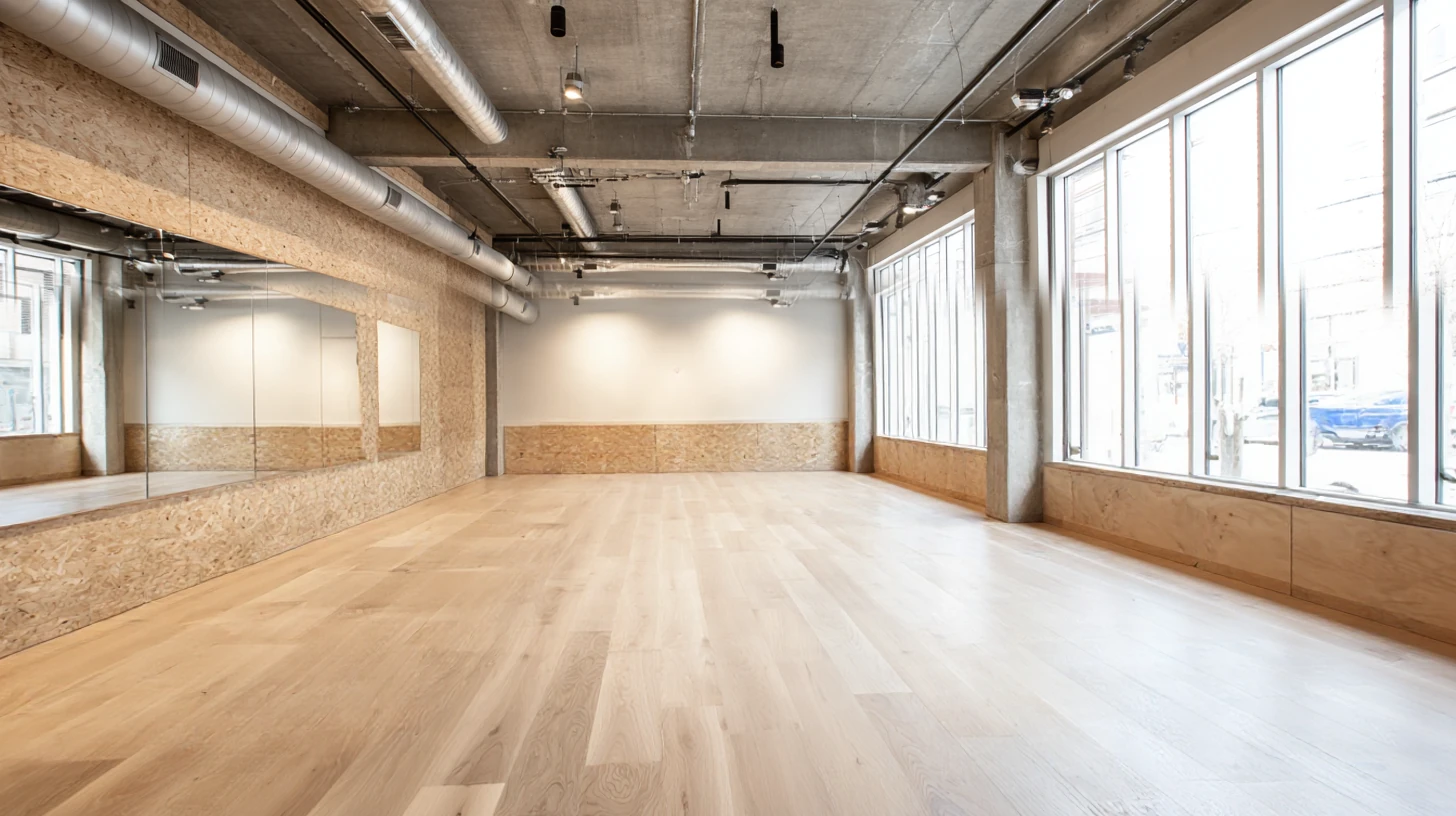 An empty fitness studio seen straight-on, a bare light wood floor, mirrored back wall and tall windows