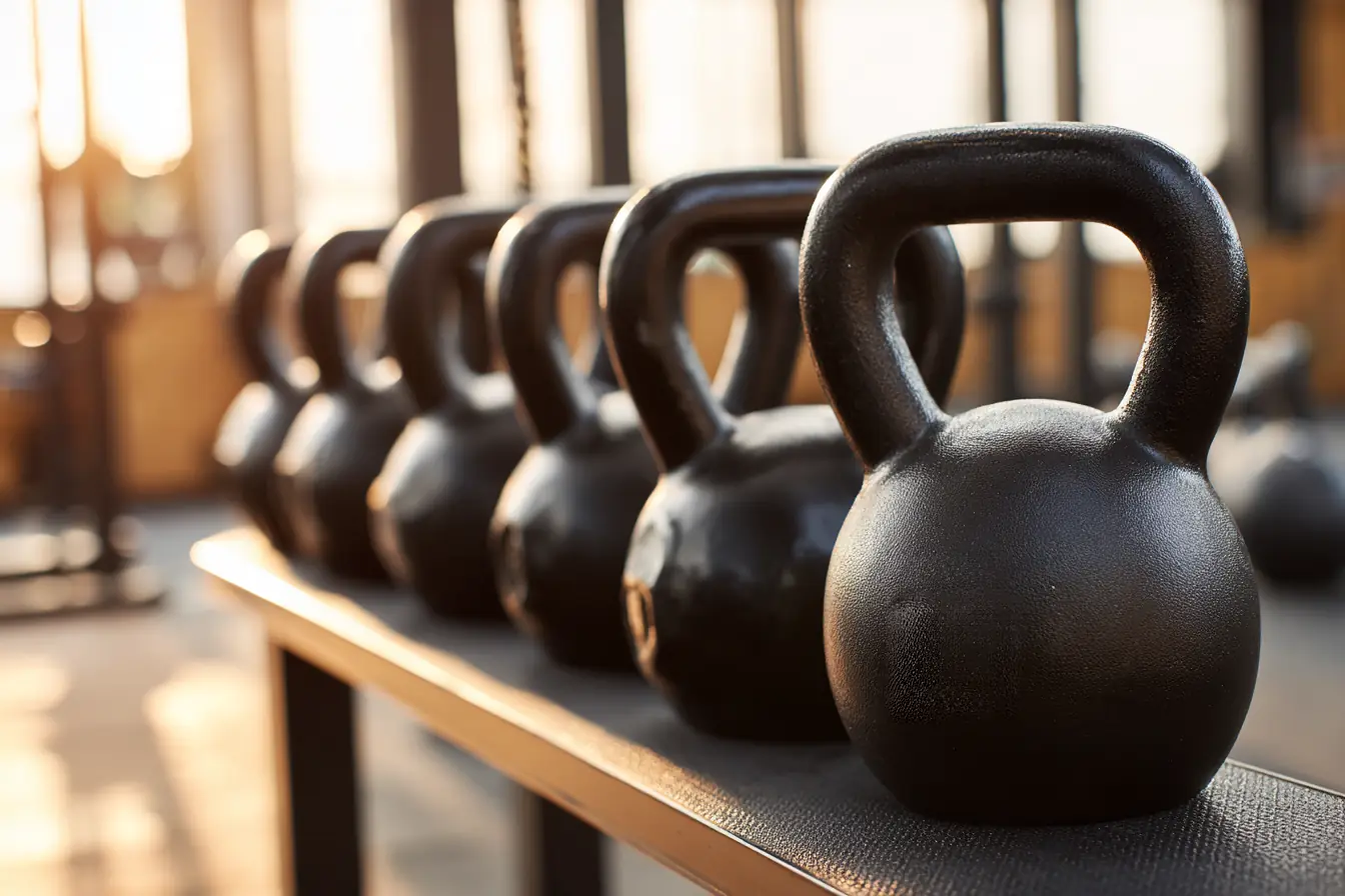 A neat rack of dumbbells and kettlebells along a mirrored wall in morning light