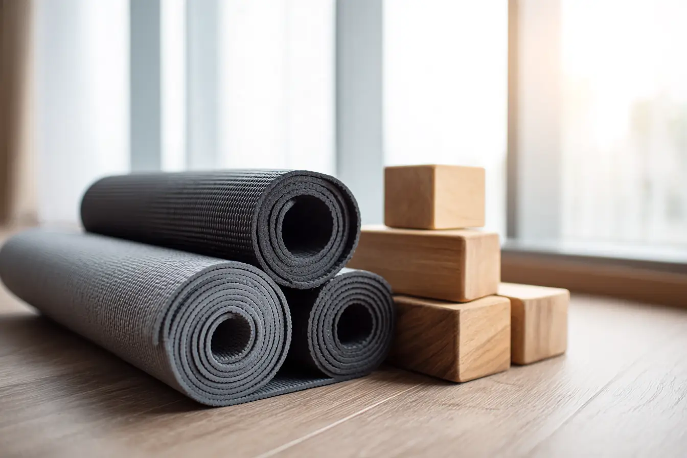 Rolled yoga mats and wooden blocks stacked on a light wood floor by a window