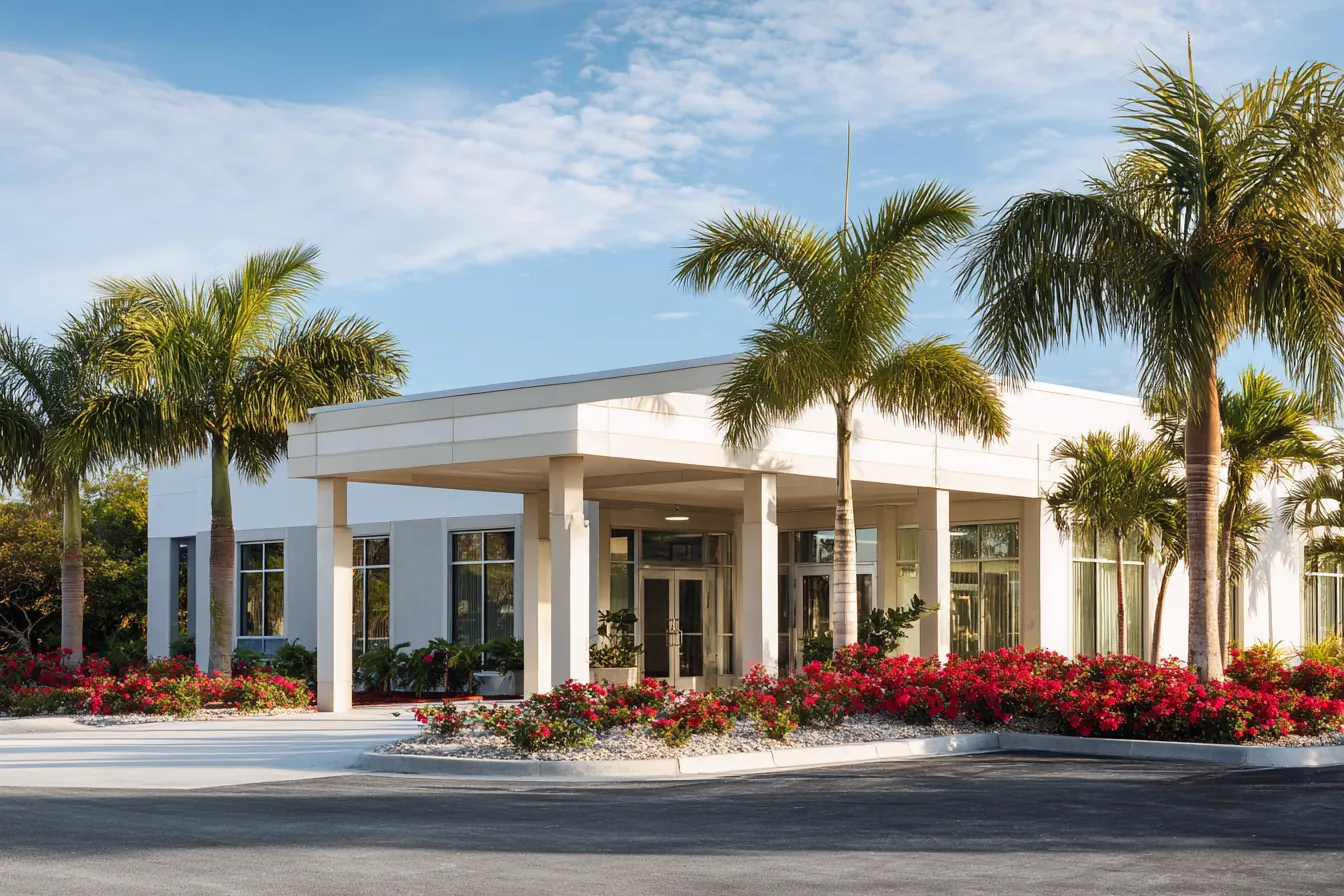 A modern single-story medical office building with a covered entrance and palms in Southwest Florida