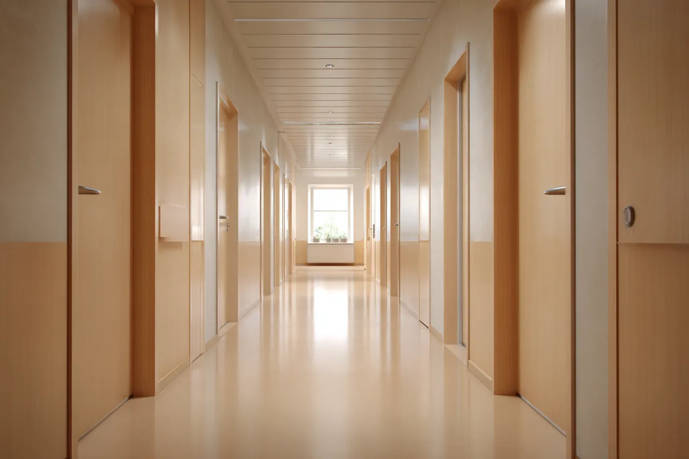 A bright, empty clinic corridor lined with closed exam room doors